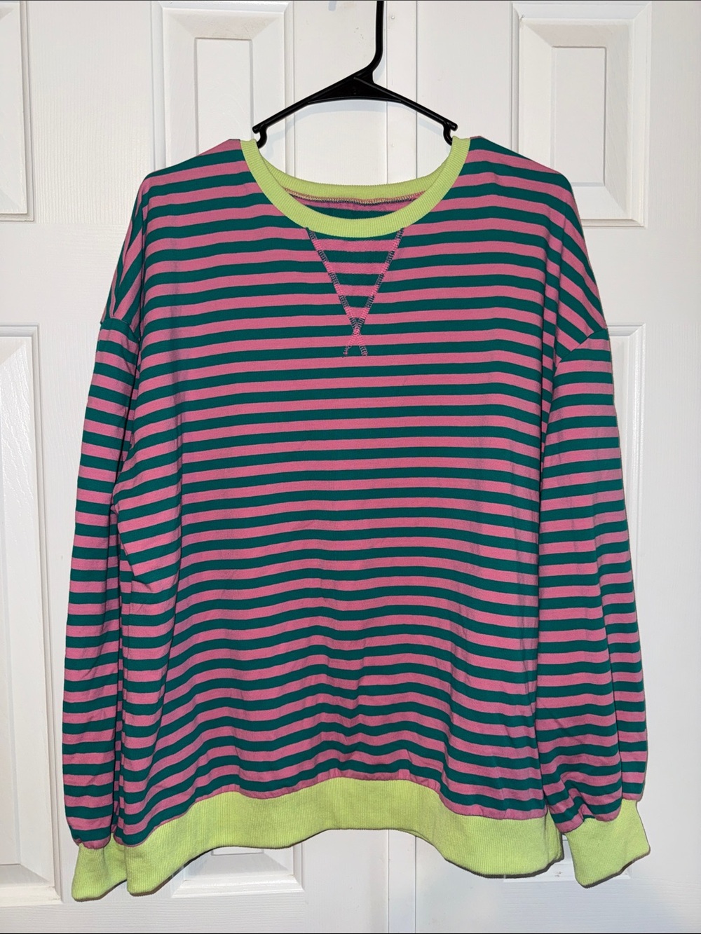 Striped Crewneck Sweatshirt - Pink & Teal with Lime Trim